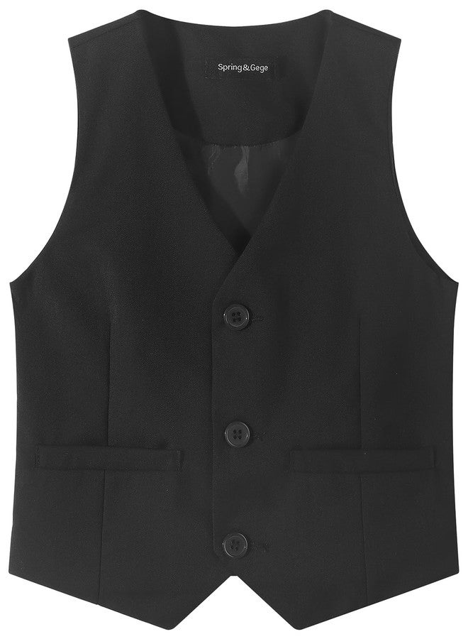 Spring&Gege Boy's Formal Suit Vest Solid Dress Waistcoat Vest Business Wedding Western with Pockets, Black, Size 11-12 Years - Image 1